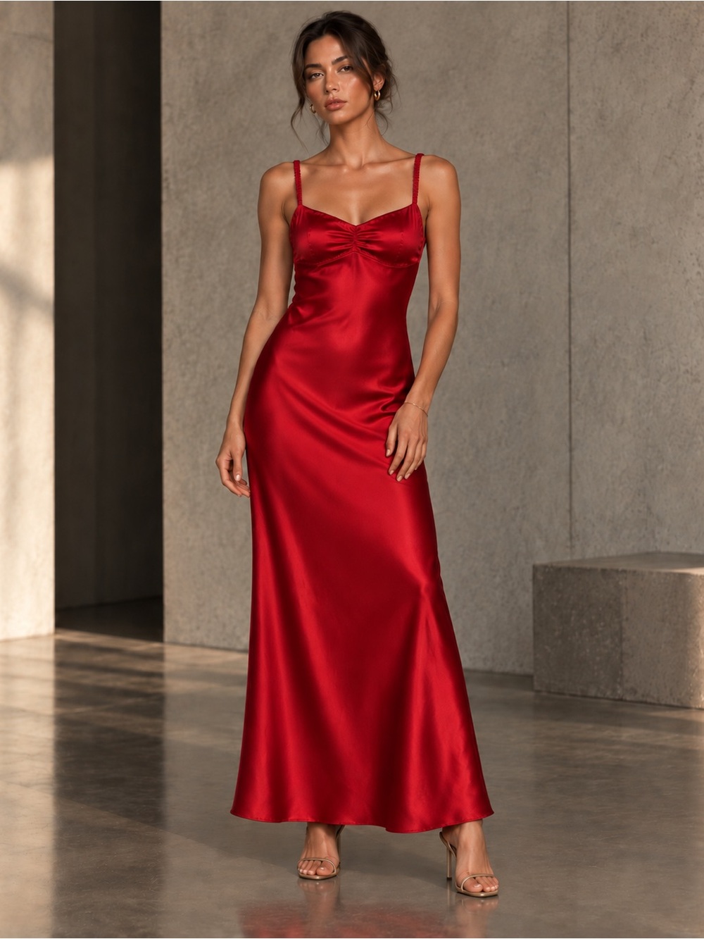 NWT Zara Red Satin Ruched Bust Open Back Maxi Dress Size M